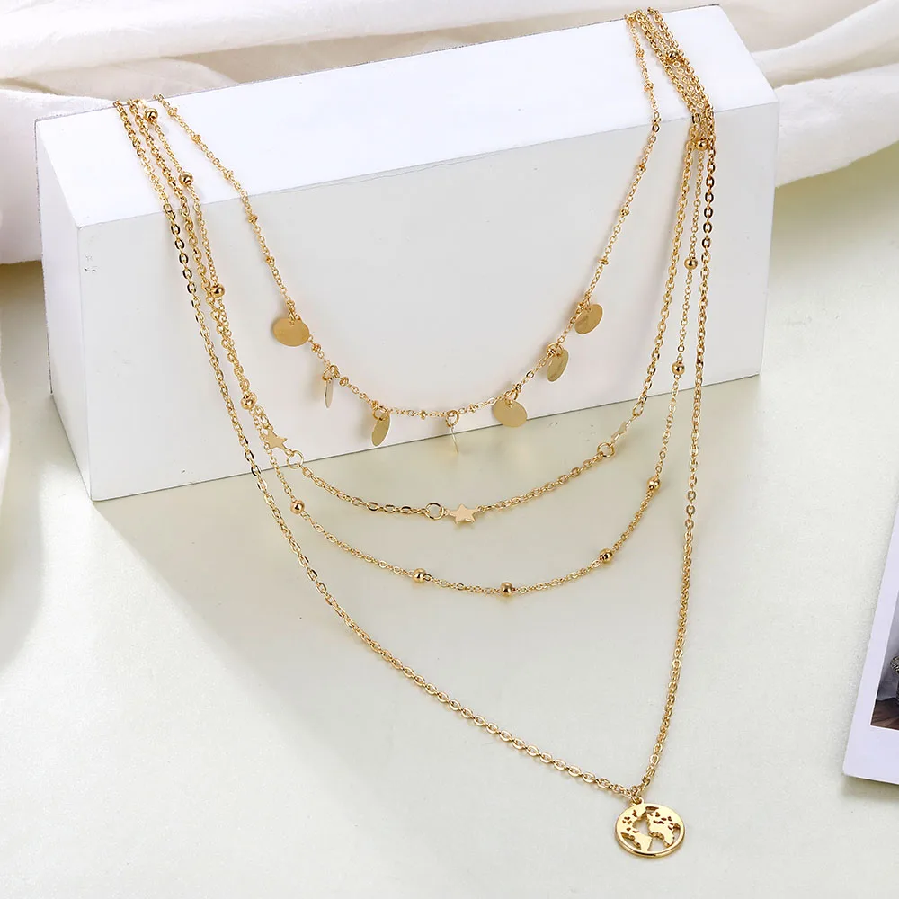 

ZOVOLI Boho Multi Layered Map Pendant Necklace Sets For Women Gold Sequins Long Chains Star Bead Necklaces Fashion Jewerly