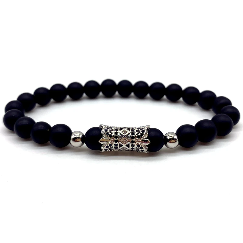 Модный новый черный длинный мужской браслет 8 мм камень матовый с бусинами для