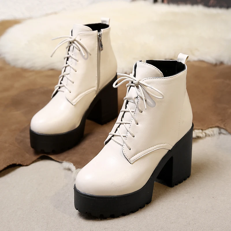 Boots Women 2023 Autumn Winter Shoes Female High Heel Booties Lace-up Platform Zip Ladies Zapatos De Mujer Black Beige Brown