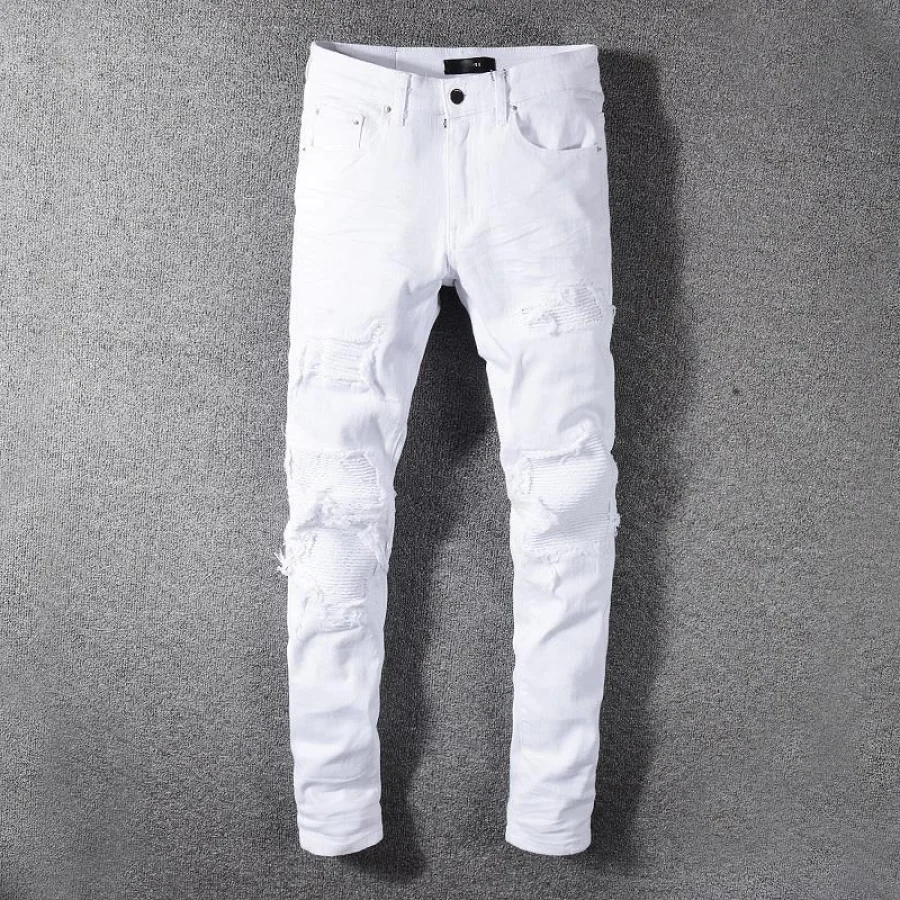 

Уличные модные брендовые белые джинсы с заплатками, эластичные облегающие плиссированные мужские джинсы, обтягивающие однотонные байкерс...