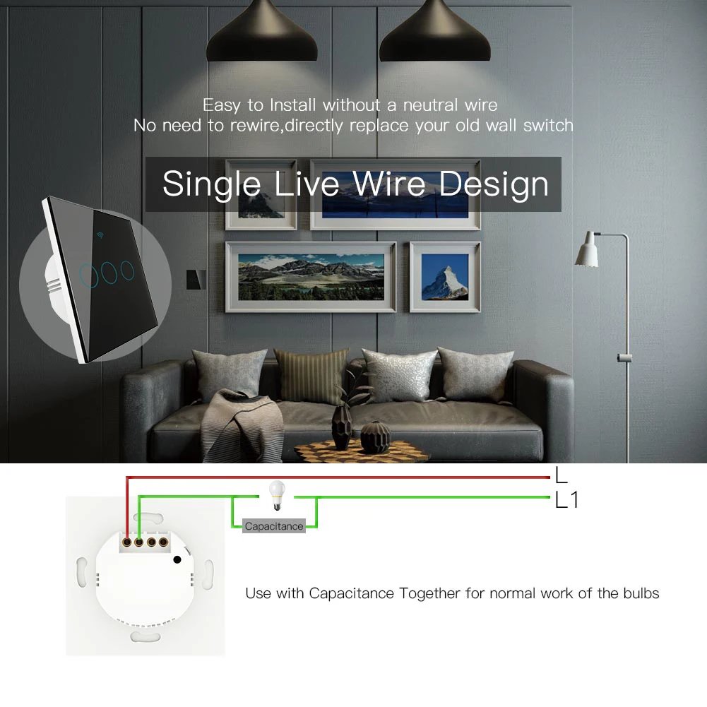Умный настенный выключатель черный с поддержкой Wi Fi без нейтрального провода