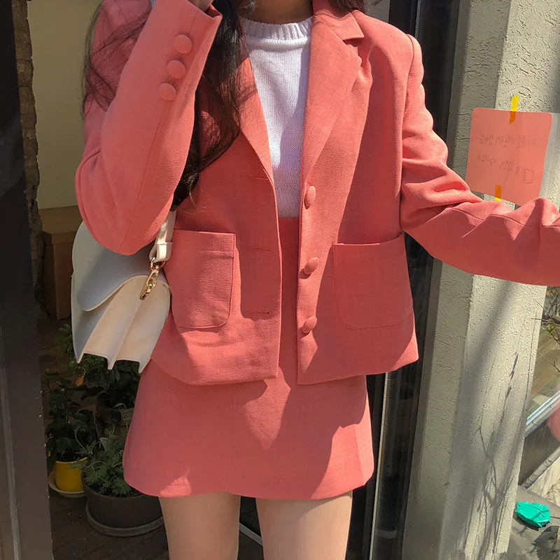 Yesexy 2020 Женский костюм с юбкой однобортный Осень зима длинный рукав блейзер 2 шт.