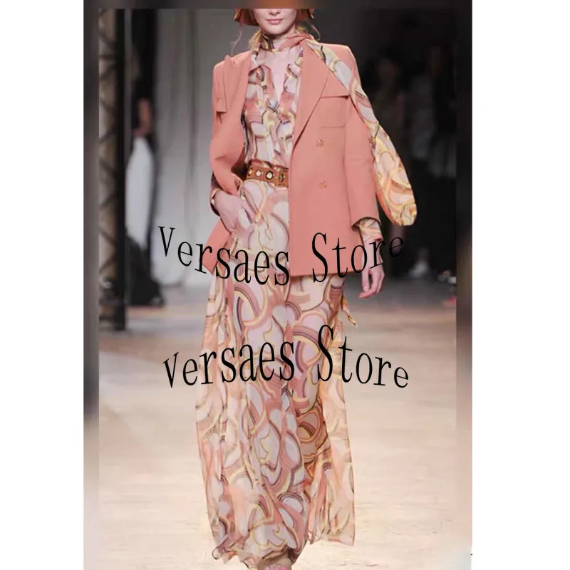 

2021 luxury brand fashion women's top long sleeve suit coat + temperament printing versatile bow collar belt long sleeve dress