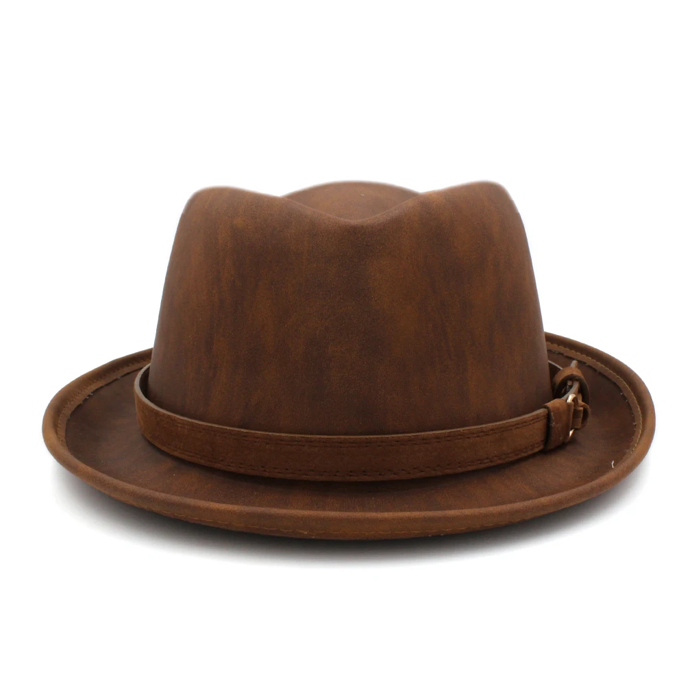 Mistdawn унисекс Porkpie свиной пирог Кепка коричневая искусственная кожа Fedora джазовая шляпа Кепка Upturn Brim