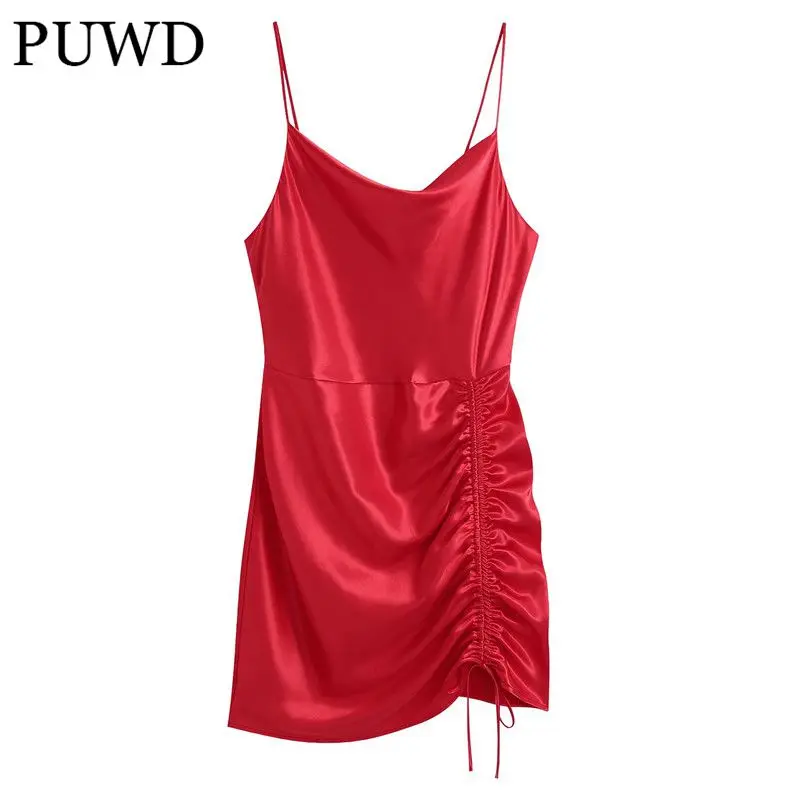 

PUWD Sexy Women Square Collar Bow Lace Dress 2021 Autumn Fashion Ladies High Street Sling Dress Female Solid Color Mini Dress