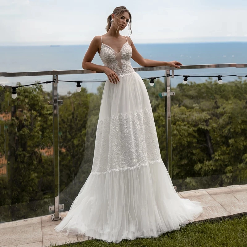 ChuYu 2021 Bow V Neck Elegant  Applique Sleeveless Soft Tulle White Lace Long A-line Wedding Dress Princess Backless New Arrival