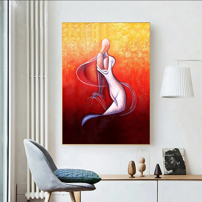 

Modern Abstract Red Yellow Background Line Character Art Canvas Paintings Wall Art Pictures for Living Room Decor (No Frame)