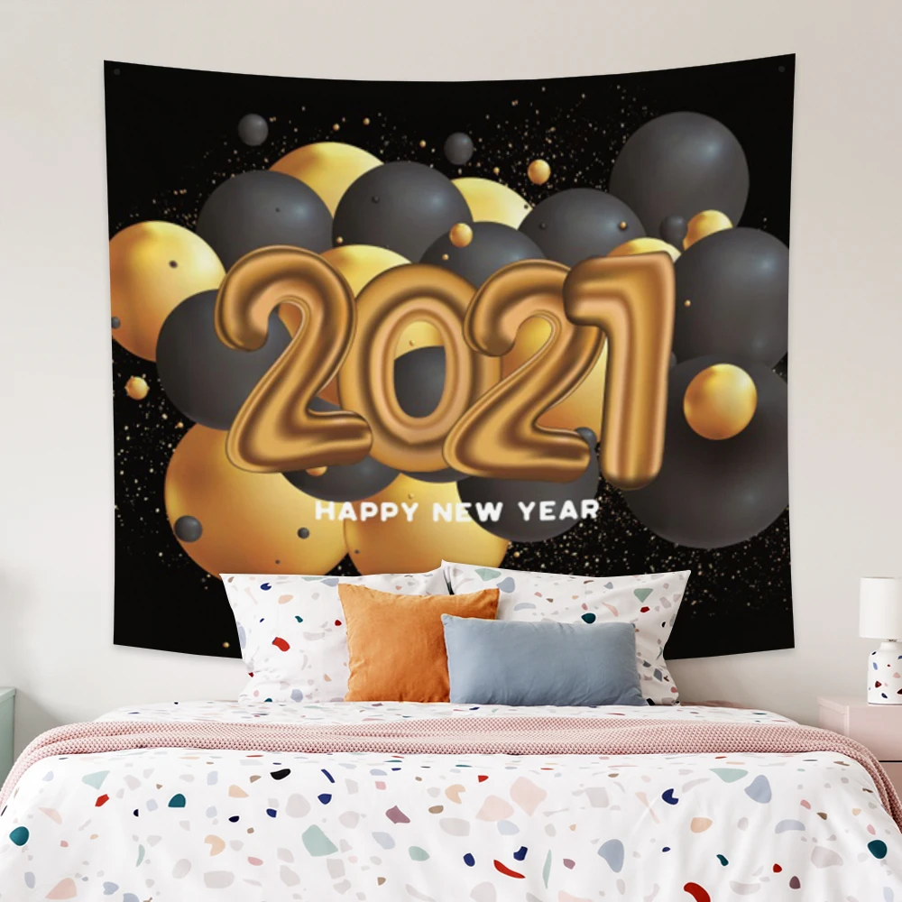 

Laeacco Fashion Tapestry Golden Black Balloon Cartoon Numbers Celebrate 2021 New Year Wall Hangings Home Living Room Dorm Decor