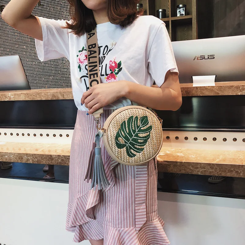 Тканая круглая соломенная сумка из ротанга с вышивкой для девушек женские сумки