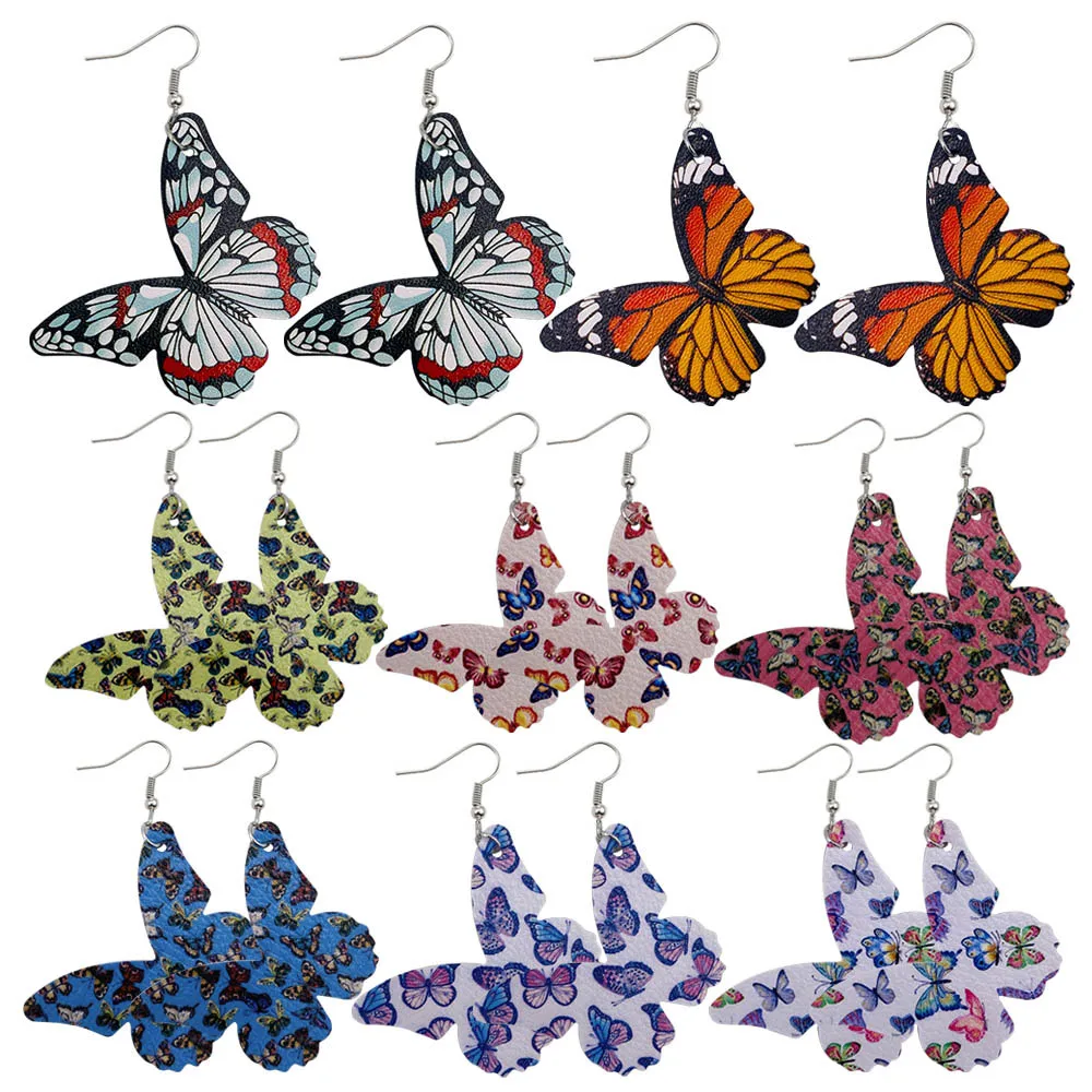 

10pcs/lot V0088 New butterfly skin earrings personalized fashion double-sided printing PU leather earrings wholesale