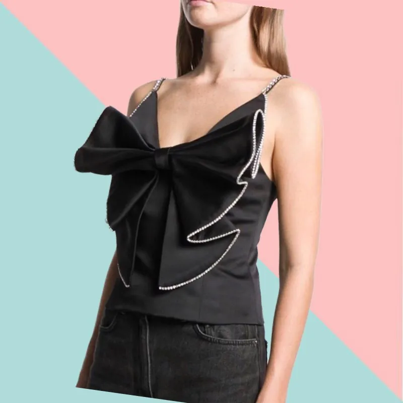 Women's Summer Satin Diamond-studded Bowknot Fashion Sexy Camisole Vest 2021New Women's All-match Tops Wrap the chest XL