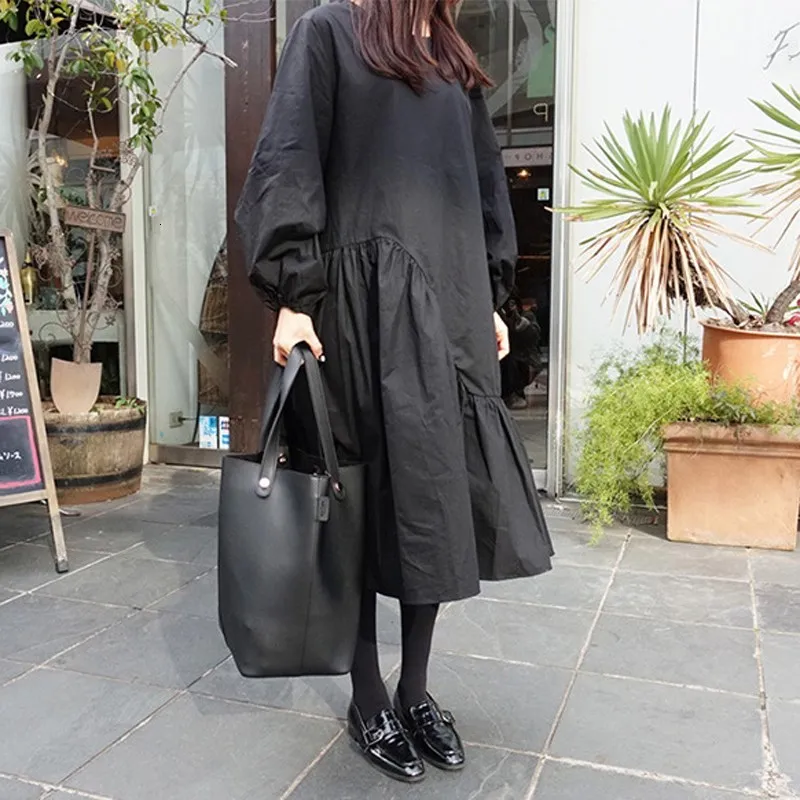 2019 модное женское платье миди с круглым вырезом и пышными рукавами прямое