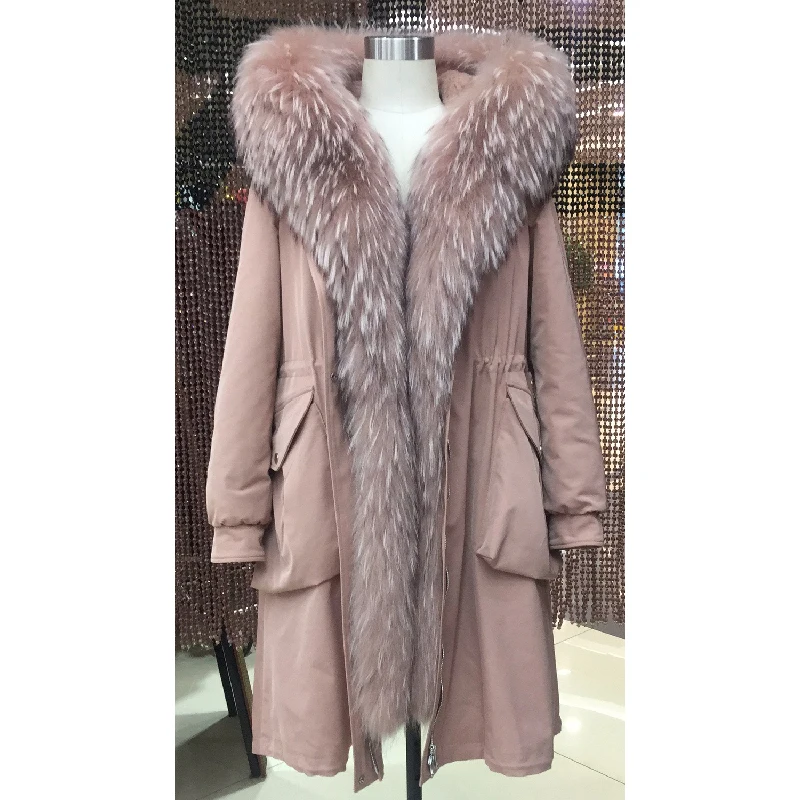 Женская зимняя длинная парка пальто куртка с капюшоном Воротник из енота съемная