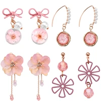 korean fashion pink flower earrings temperament girl sweet style asymmetric acetic acid earrings women net red popular trinkets