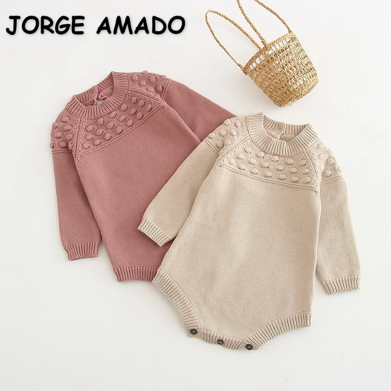 

2022 New Spring Girl Bodysuit Pink Apricot Long Sleeves Wool Pompom Sweater Jumpsuit Newborn Cute Style Clothes E9330