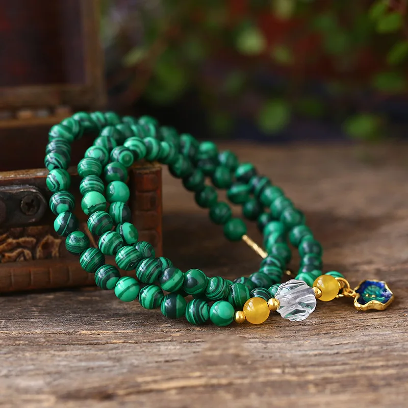 Натуральный малахит камень бисером браслеты с эмалью женщин 6 мм Шарм Кристалл