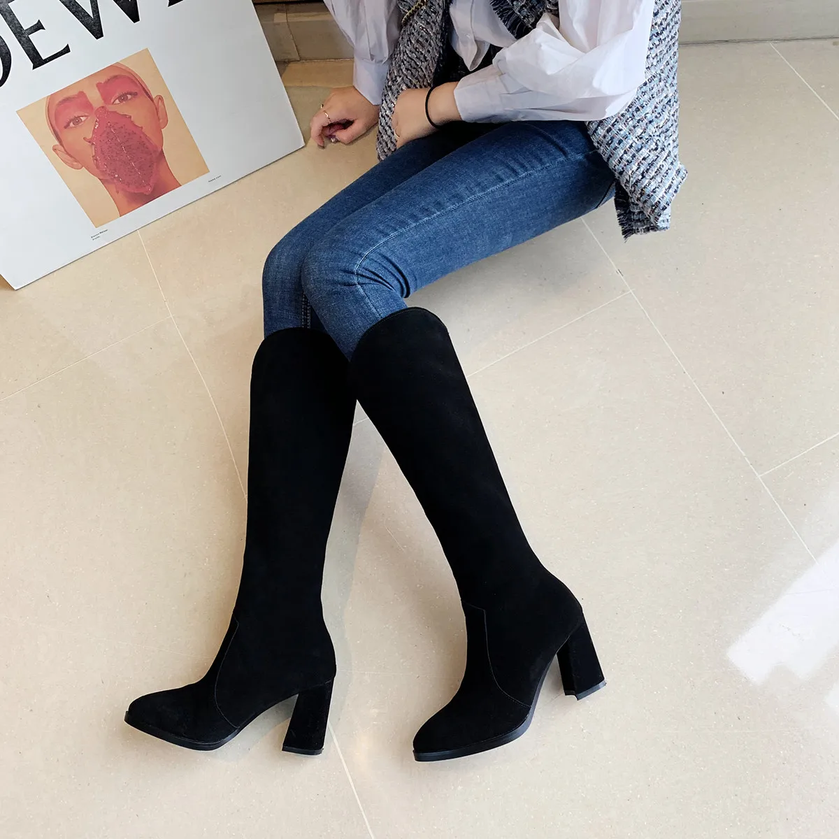 

Women's genuine suede leather thick high heel knee high boots elegant ladies winter dress boots high quality cold weather shoes