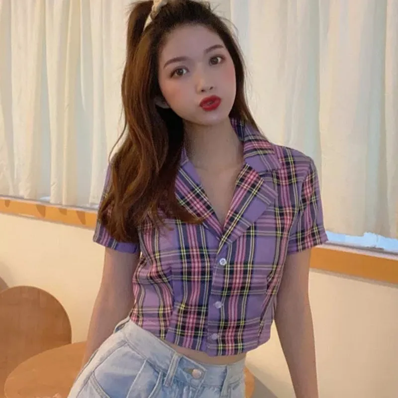 

Women's Button Plaid Tops Notched Exposed Navel Casual Short Sleeve Blouse Tops Sexy Streetwear Short Sleeve High street Tops