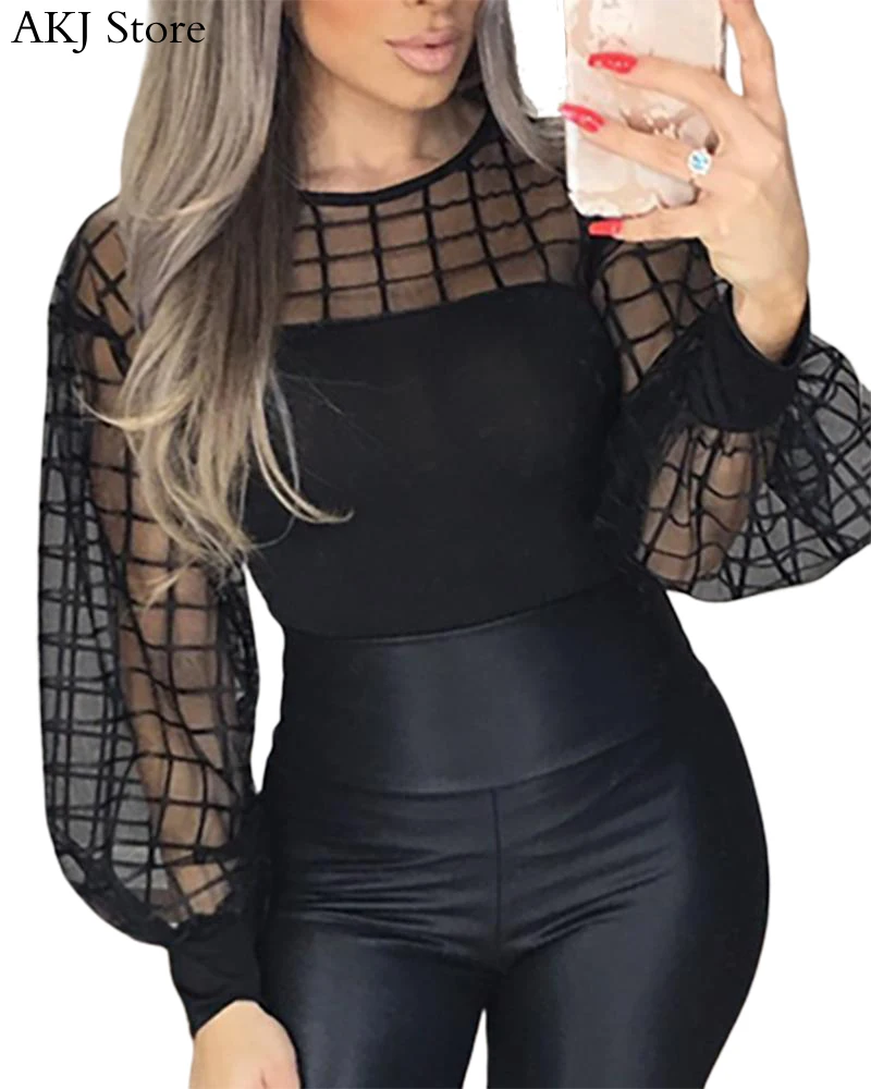 Женская модная черная Лоскутная Прозрачная рубашка Повседневная Блузка с