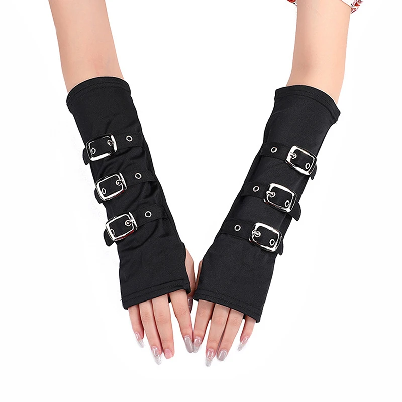 

Unisex Gothic Black Arm Warmers With Metal Buckle Personality Mittens Punk Hiphop Party Cosplay Fingerless Gloves High Quality
