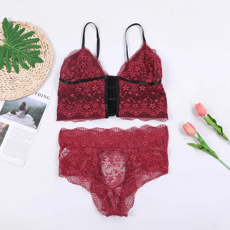

2021 Sexy Lingerie Underwear Set Women Lace Top Bra Thong Sleepwear Sets High-Waisted Bandage Hollow Panties Set 2pcs Underwear