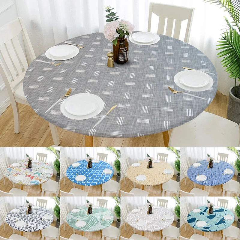 Round Waterproof Non-slip Elastic Tablecloth Classic Pattern Table Cloth Cover Home Kitchen Dining Room