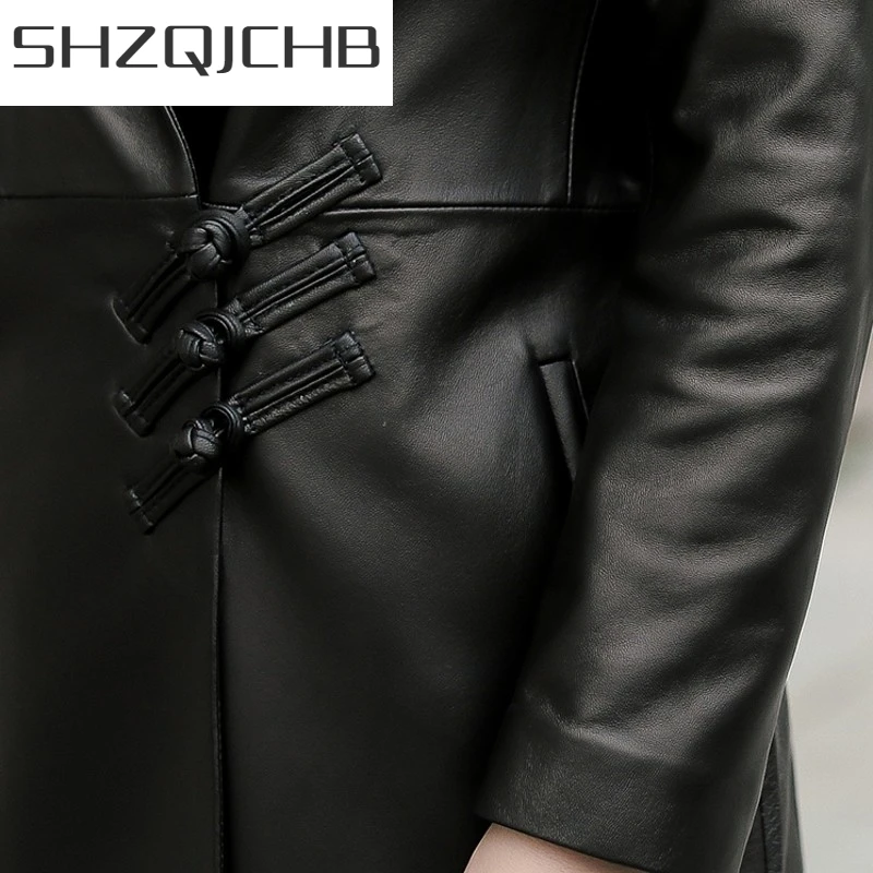 

JCHB 2021 High Quality Womens New Genuine Leather Vintage Long Jackets Pockets Office Lady Turn-Down Collar Fashion Sheepskin Sl