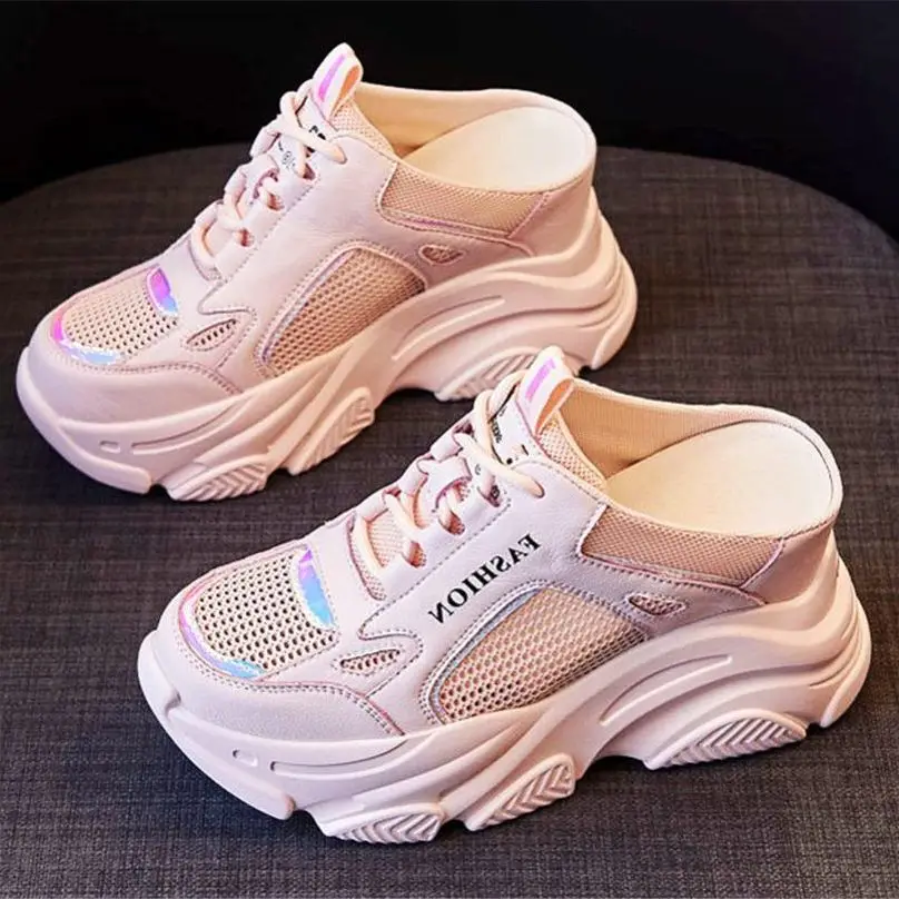 

Summer Fashion Sneakers Women Cow Leather Mules Sport Sandals Slippers Platform High Heel Female Party Casual Shoes