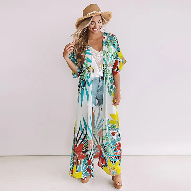 Женское пляжное платье кафтан с принтом платья саронг бикини накидка купальник