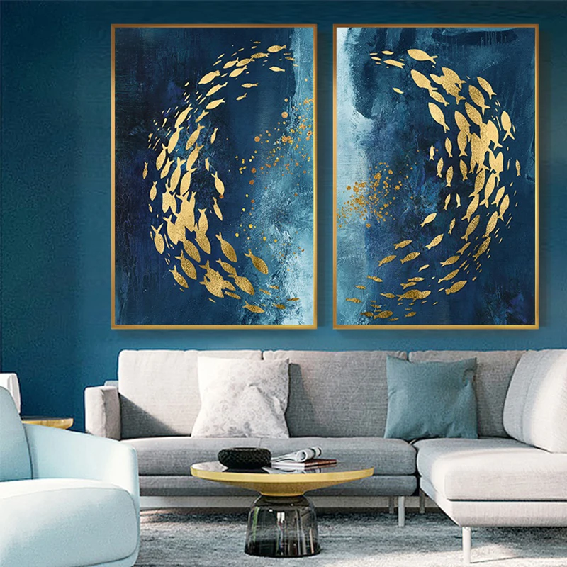 

Nordic Abstract Gold Fish Canvas Painting Big Blue Poster Print Luxurious Wall Art For Living Room Aisle Gold Tableaux Picture