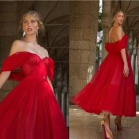 elegant red off the shoulder pleat tull evening dresses ankle length a line with sleeves lady formal party gowns