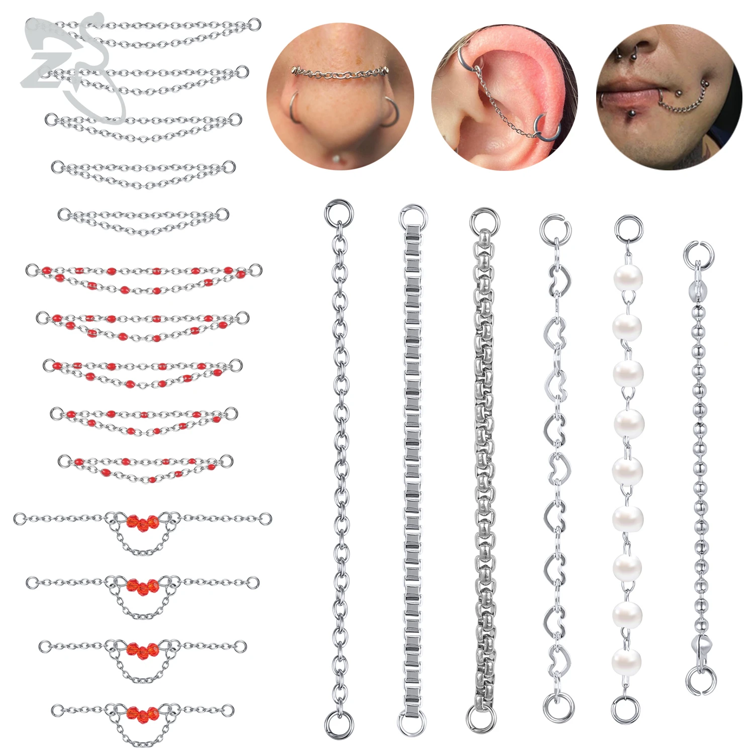 

ZS 1 Piece 17-50MM Stainless Steel Nose Stud Chain Ear Helix Cartilage Tragus Piercing Tassel Double Layers Chains Body Jewelry