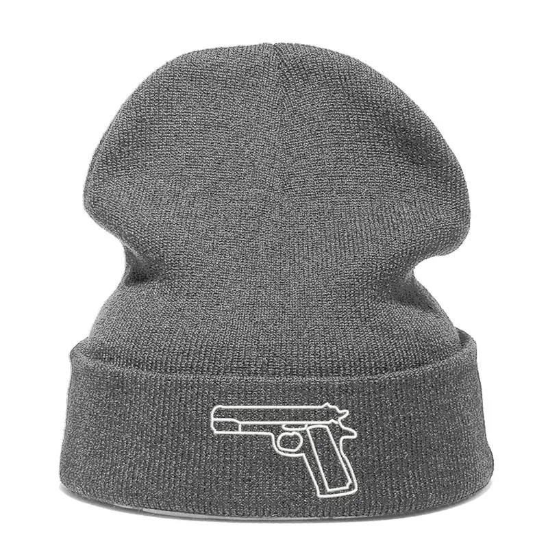 Beanie Hat Skullie Cap Slouchy Winter Embroidered Cool Punk Men Women Teen Street Dance Funny Hip-hop Warm Knitted Hats Gun