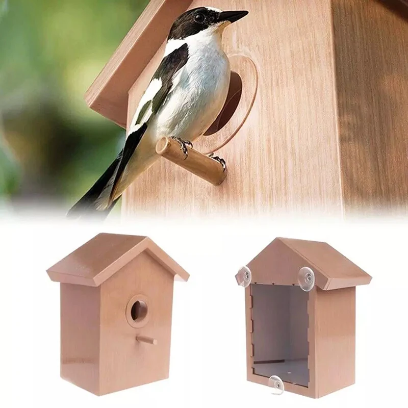 

Window Mounted Bird House Inner Visible Suction Cup Wooden Bird Nest Outdoor Birds Food Feeding Container Dispenser Bird Supply