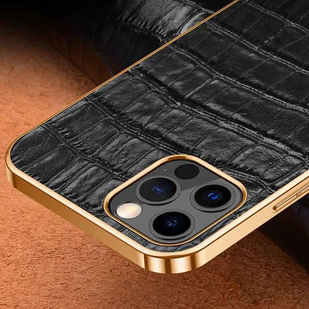 Genuine Leather Case For Iphone 13 12 11 14 Pro XS Max Case Electroplate Coque For Iphone X XR 11 12 Mini 13 Mini 14 Plus Cover