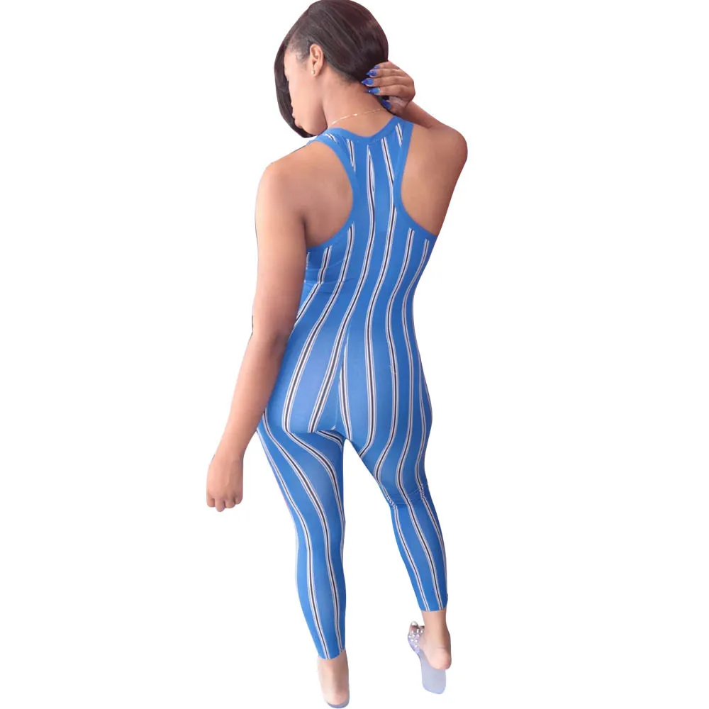 

Black White Striped Spliced Bodysuit For Women Round Neck Sleeveless Skinny Jumpsuit Fashion Female Backless Romper Dropshipping