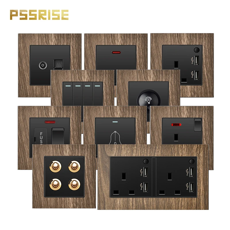 

PSSRISE M01 Series EU UK Wall Switch Socket with USB Port Aluminum Alloy Wood Grain Panel Power Socket for Light Water Heater