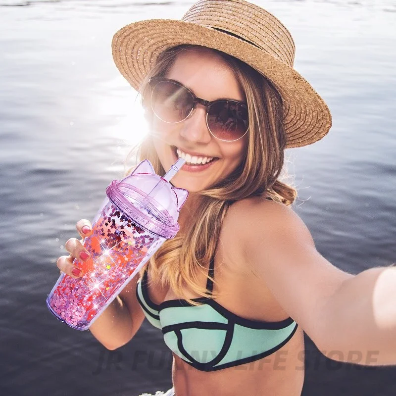 420ml Cat Ear Water Bottle with Sequins BPA FREE Double wall Plastic Tumbler straw reusable Smoothie Cup Drinkware | Дом и сад