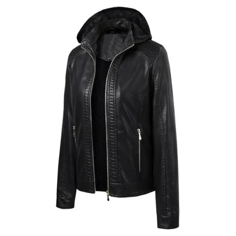 

Autumn Hooded Outerwear Pockets Zipper Coat Slim Biker Jacket Hoodies Plus Velvet 2022 High Qualit Faux Pu Leather Jackets Women