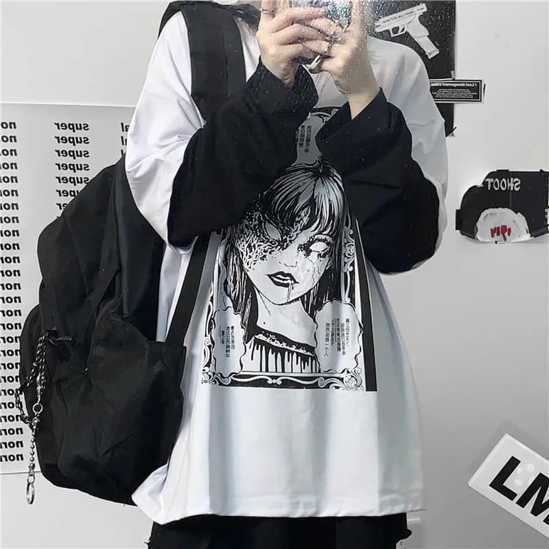 

long-sleeved t-shirt Autumn Korean style ins Harajuku bf style dark girl printing loose fake two-piece female student top shirts