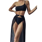Купальный костюм женский из 3 предметов, бикини на одно плечо, купальный костюм для женщин, сетчатая накидка с завышенной талией и пряжкой, прозрачная пляжная одежда