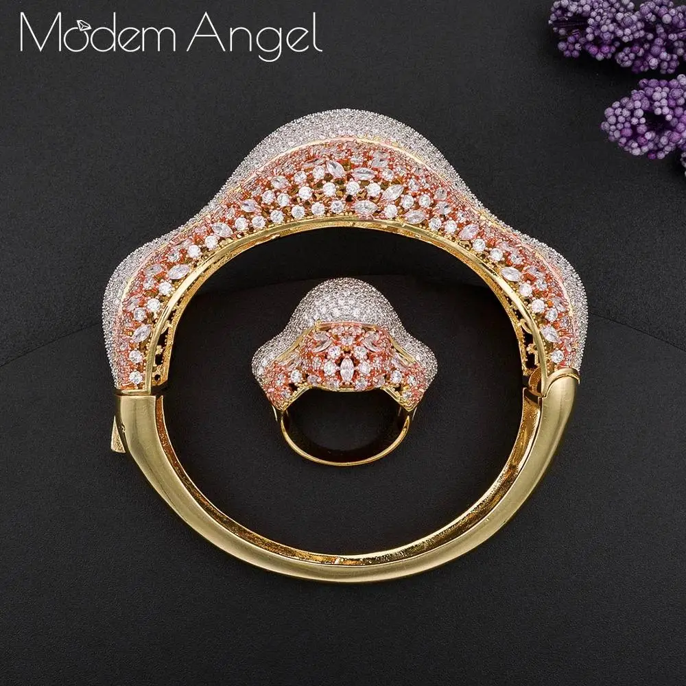 

ModemAngel luxury Unique African Bangle Ring Set Jewelry Sets For Women Wedding Cubic Zircon Crystal CZ Dubai Bridal Jewelry Set