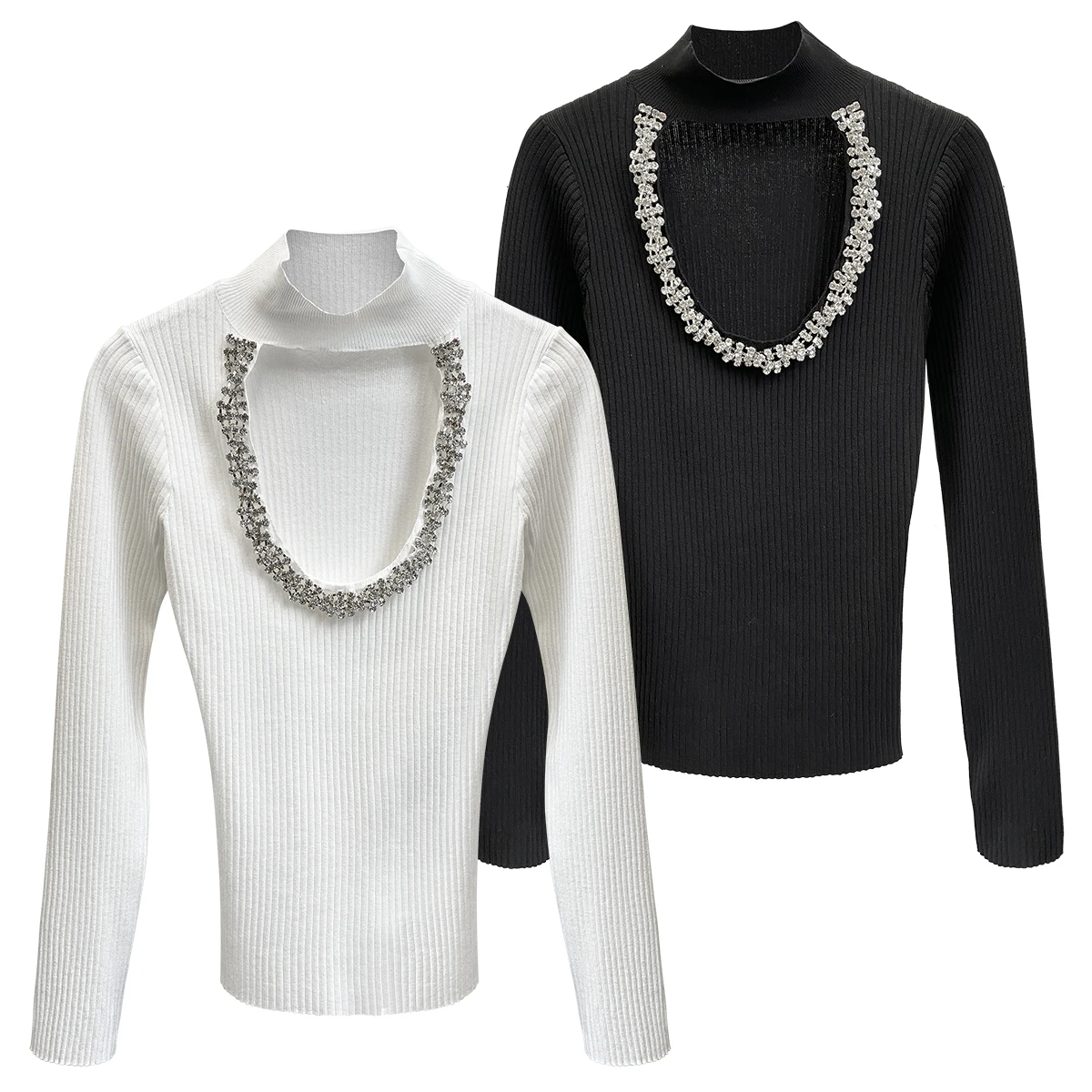 

TVVOVVIN Shirt Women Diamond T Hollow Out Black White T-shirt Stand Collar Vintage Casual Long Sleeve T Shirt Women 2020 New W6D