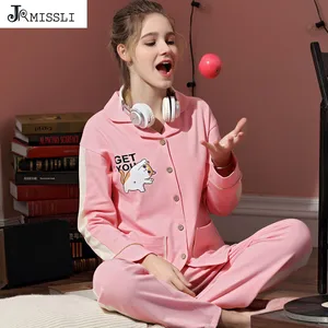 JRMISSLI100% розовая пижама с рисунком из мультфильма женские пижамы с принтом кота рубашка с длинными рукавами ночная рубашка для Дня Святого Валентина комплект