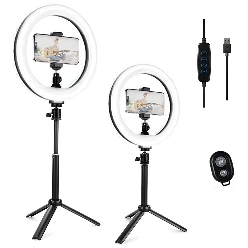 

Кольцевой светильник с подставкой, 10 дюймов, Диммируемый Настольный кольцевой светильник для селфи с регулируемым штативом для макияжа/пря...
