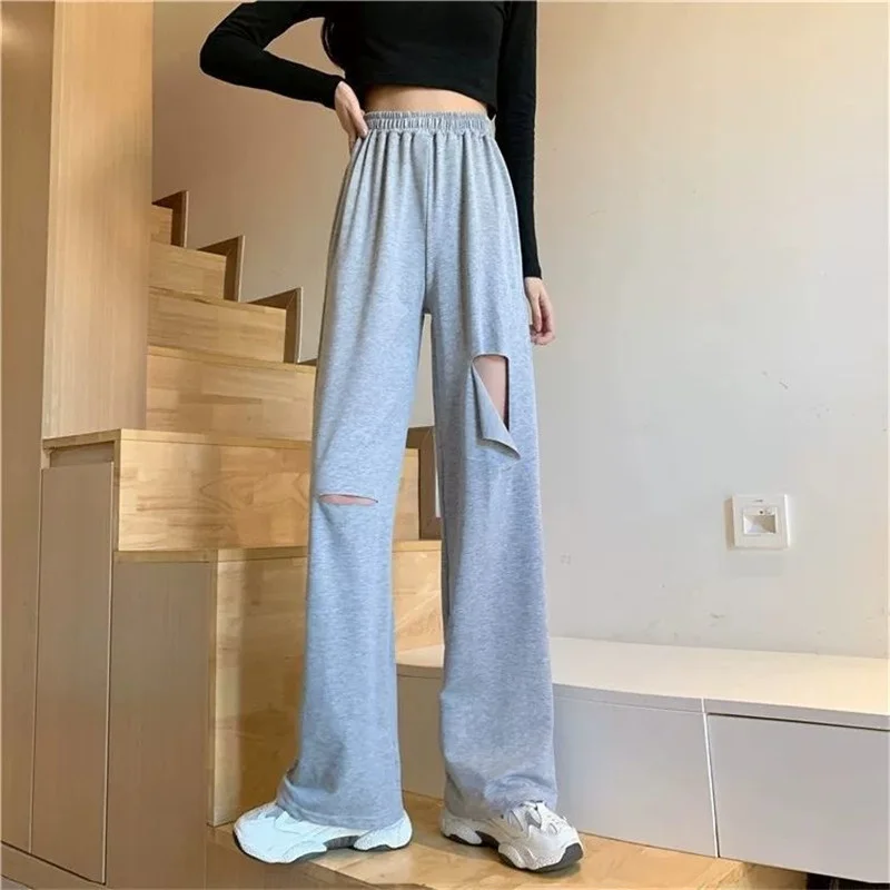 

Ripped Trousers Women Summer 2021 New Loose Streetwear Sweatpants Wide Leg Pant Casual Black High Waist Pants Female Trend