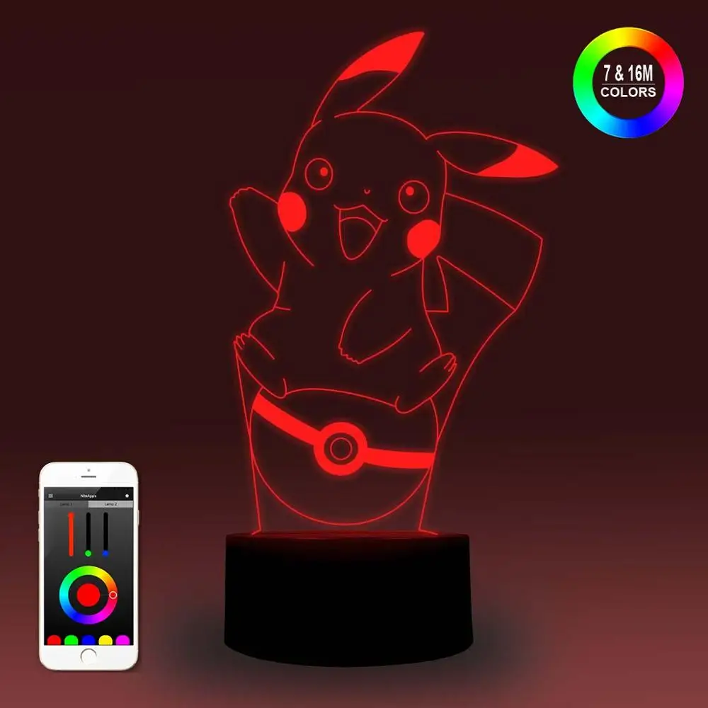 NiteApps 3D Покемон Пикачу ночник настольная иллюзия Лампа подарок на день рождения приложение/сенсорный контроль
