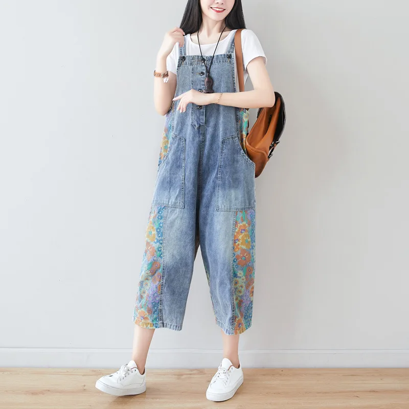 

Wide leg Straps Jeans Women Baggy Drop Crotch denim jumpsuit Print Overalls Loose splice Cowboy Rompers Big size Pockets pants