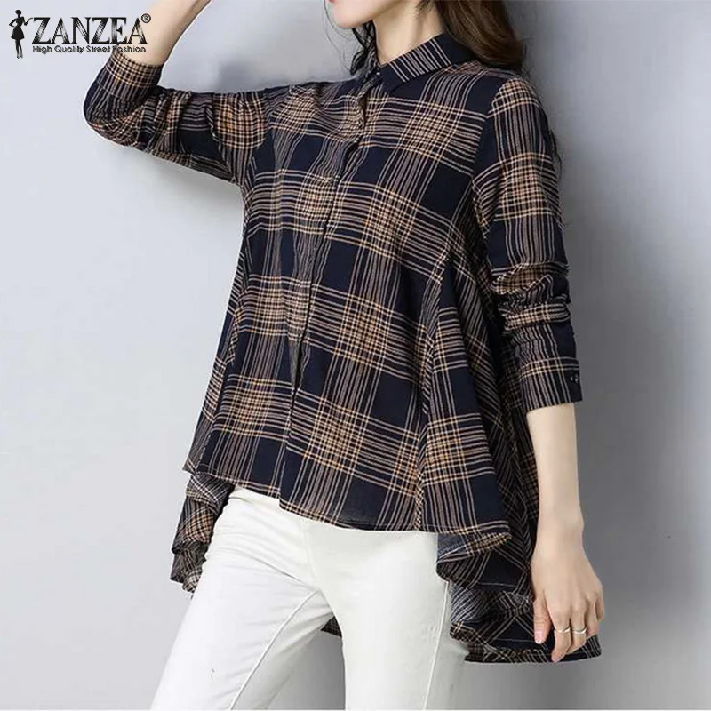 

Стильные винтажные Женские повседневные офисные топы ZANZEA с отложным воротником и длинным рукавом с необычным подолом, повседневные Элеган...