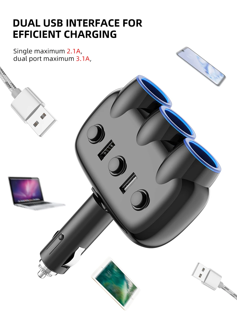 USLION, 3 в 1, двойной USB, автомобильный разветвитель для зарядки, светодиодный USB Адаптер зарядного устройства 3.1A для iPhone 11 Pro Max, Xiaomi, huawei